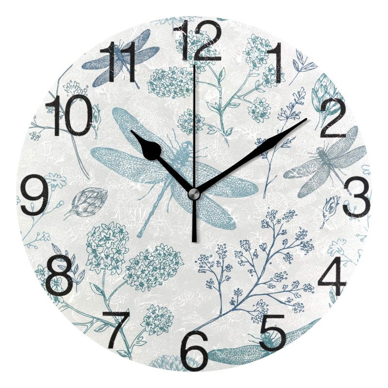 senya Blue Dragonfly Round Wall Clock, Silent Non Ticking Oil Painting Decorative for Home Office School Clock Art - Image 1